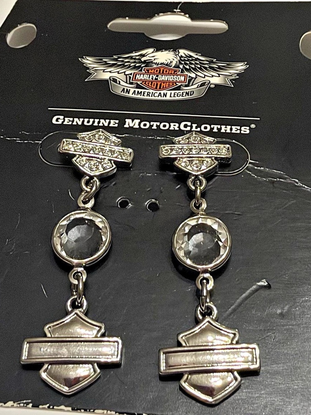 Harley-Davidson Rhinestone Shield Dangle Earrings Silver